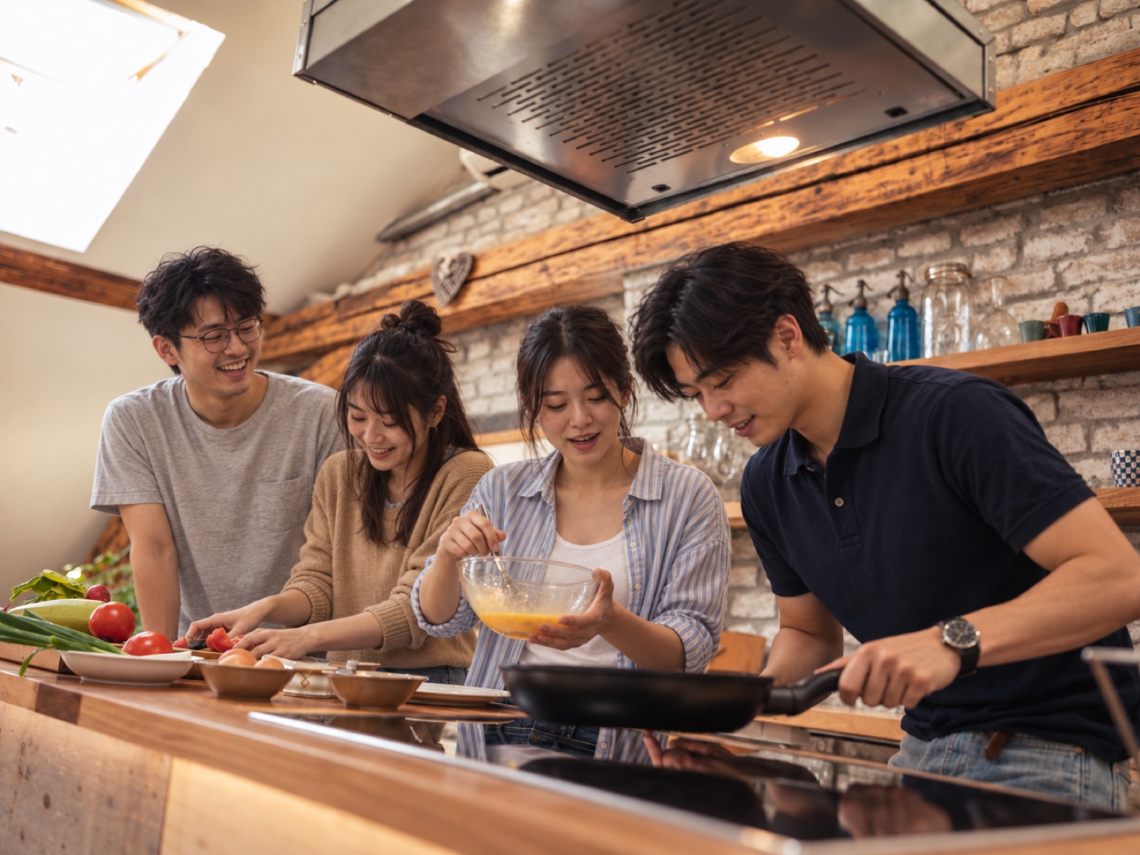 四位朋友在廚房一起切菜、攪拌蛋液與準備料理