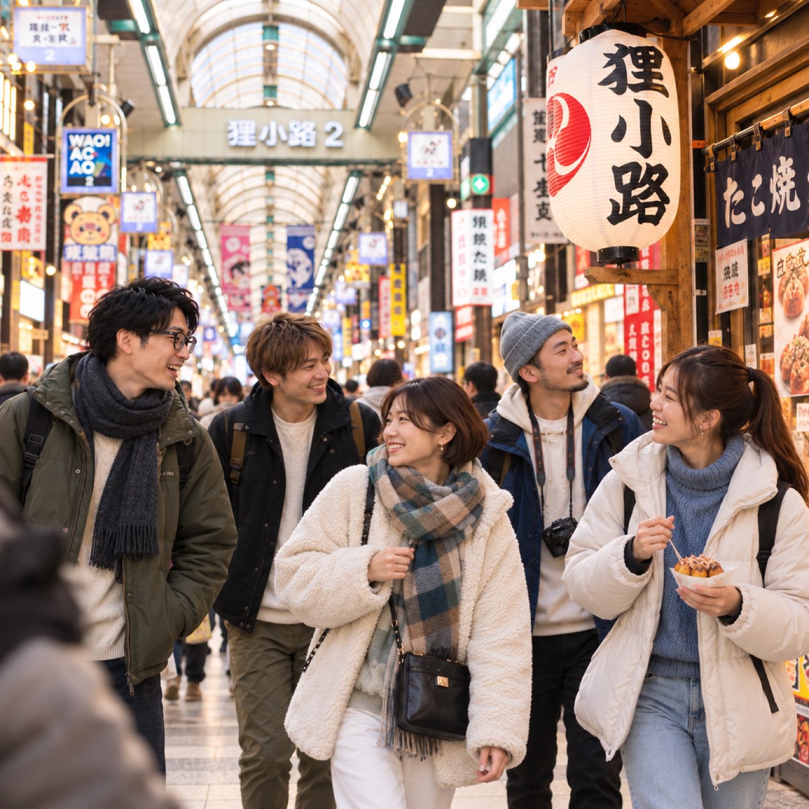 五位旅伴在狸小路商店街邊走邊聊，分享小吃與笑聲