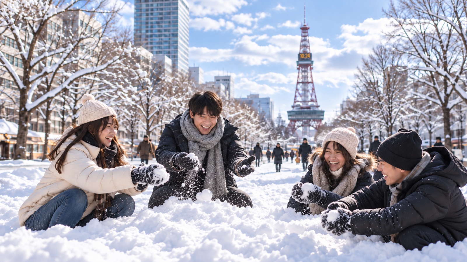 四位旅伴在札幌電視塔前的雪地開懷玩雪