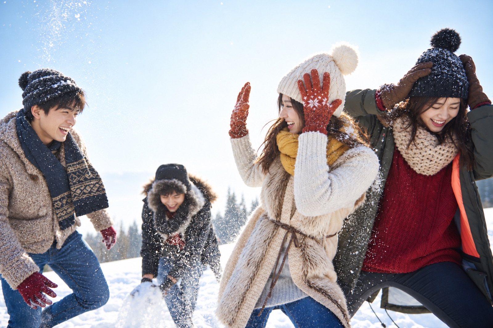朋友們在雪地裡一邊玩、一邊分享笑聲