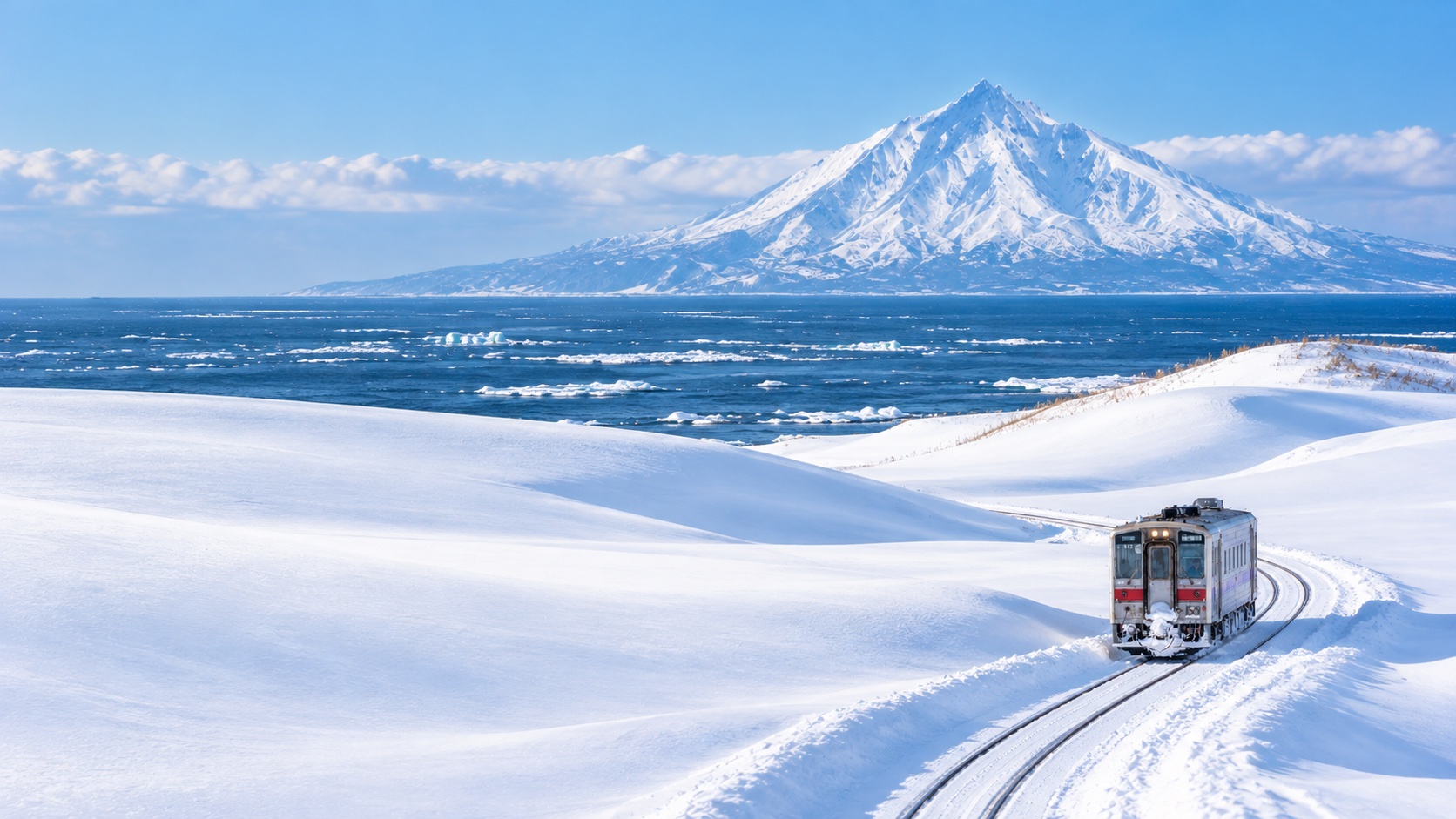雪原海岸線與遠方雪山前的列車