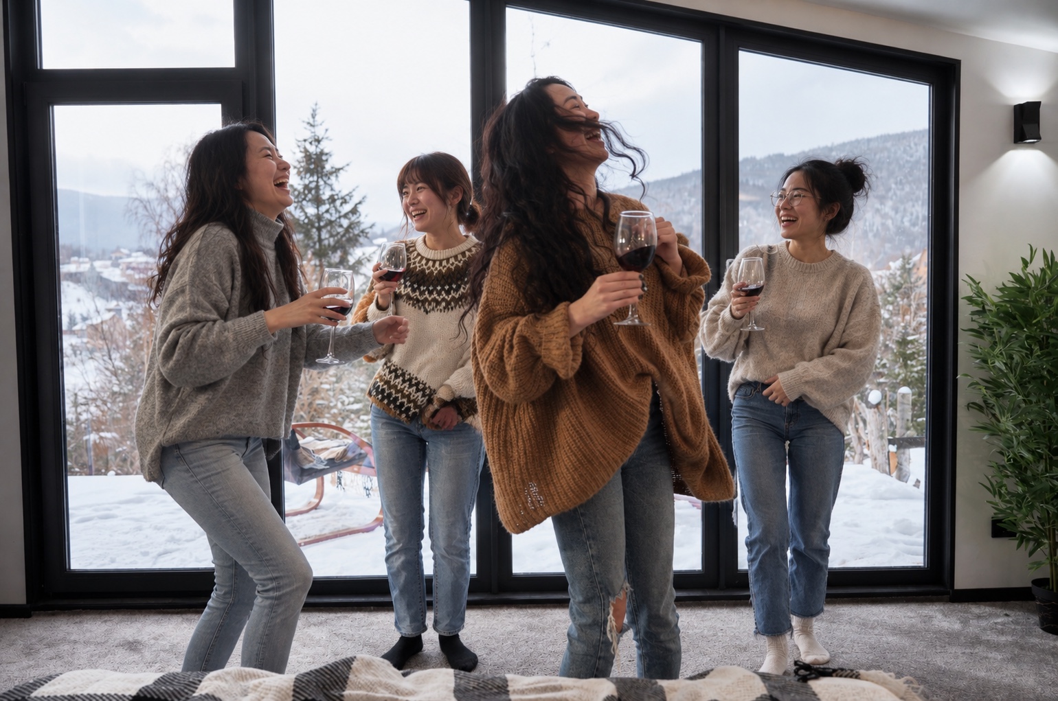 四位朋友在雪景窗邊拿著飲料自在笑談
